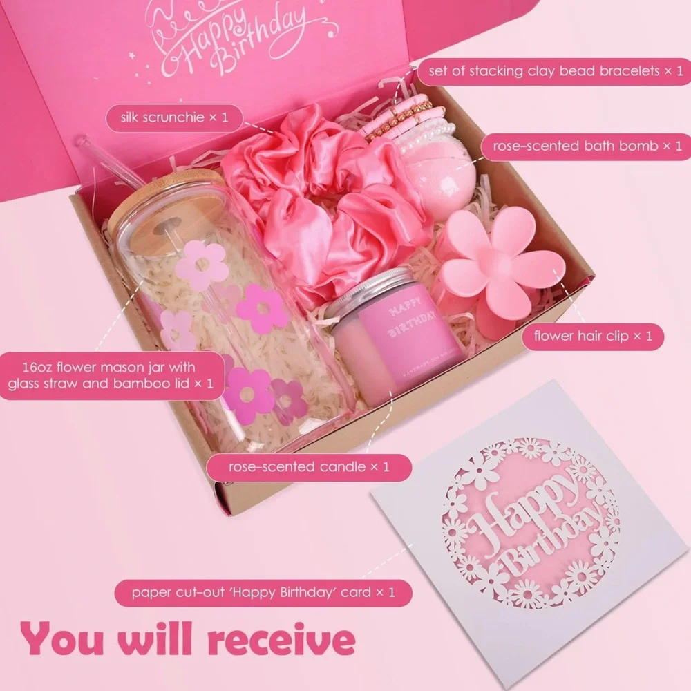 NEW! Happy Birthday Gift Box for Women Rose Scented Spa Items Floral Unique Pink